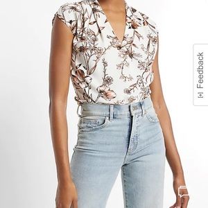 Orange and brown floral V-Neck Pleated Shoulder Gramercy Thong Bodysuit blouse